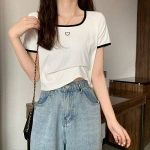 LuFashion Crop Tops for Women Summer Korean Style Embroidery Short Sleeve Slim T-Shirts