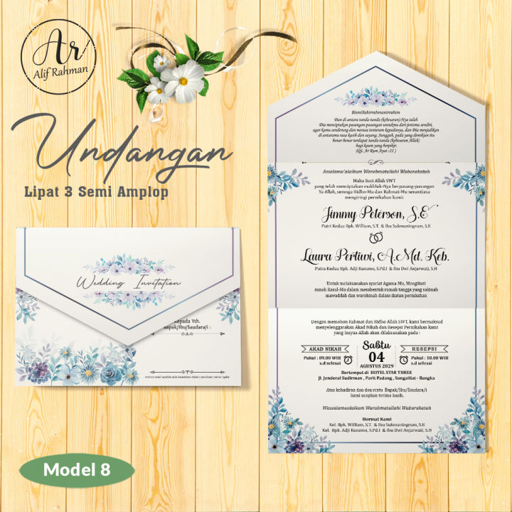(isi 50 Pcs) Undangan Pernikahan Lipat 3 Model 8 Jasmine Gliter Vintage