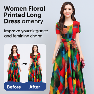 Flower Printed Shortsleeved Dresses Printed Midi Dress Women New Style 2025 Casual Womenswear
