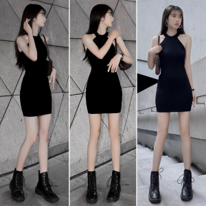 Đầm yếm cổ tròn ôm body chất thun màu đen freesize 53kg mặc đi chơi đi tiệc đi du lịch