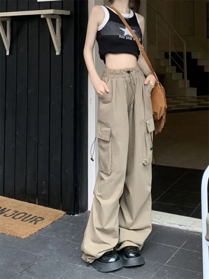 Korean Style Casual Wide Leg Pants Cargo Summer Women Pockets