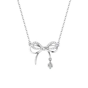 Clavicle Chain Silver Bowknot Necklace Love Heart Pendant Jewelry Accessories Bow Necklace Pendant Alloy Rhinestone