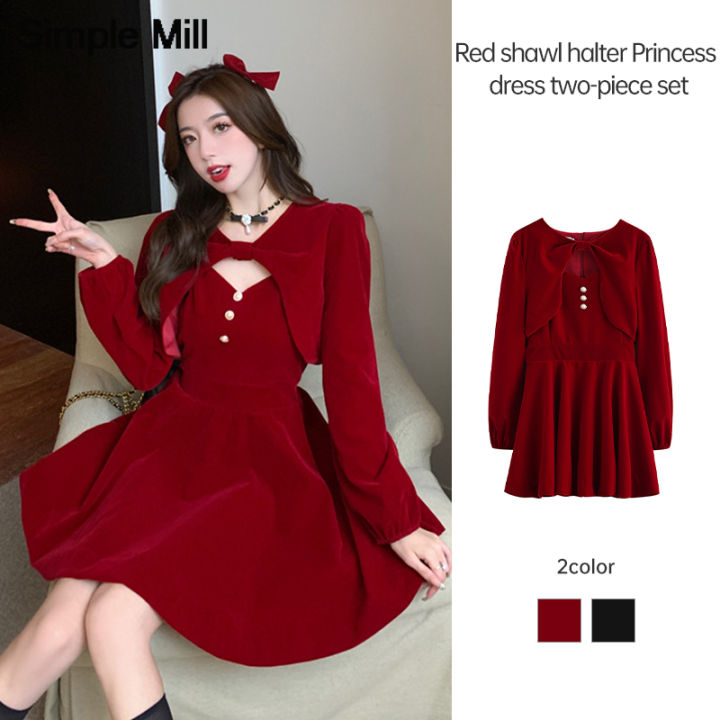 Christmas Red Shawl Slip Princess Dress Two Piece Set Women Velvet Waist  Retraction Slim Dress SimpleMill