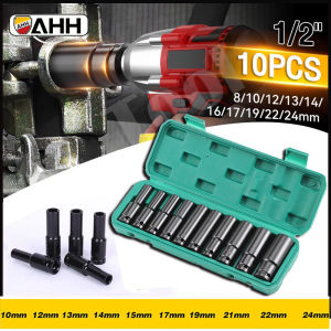 AHH⚡ 10PCS Kunci Sok Set Mata Kunci Impact Socket Set 8-24MM Extension Impact Socket 1/2 Inch Panjang Mencapai Extension Soket Nut Perbaikan Alat High Carbon Steel Pajang Drive Deep Impact Socket Set