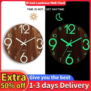 【COD+Local sellers】Wooden Wall Clock Luminous Number Hanging Clocks Quiet Dark Glowing Wall Clocks Modern Watches Decoration For Living Room Office Home