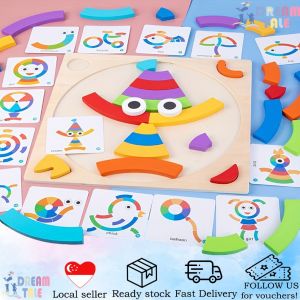 [SG Instock] Wooden Rainbow Blocks Assembly Puzzle Board for Kids Geometric Brain Teaser Shapes Tangrams Toy