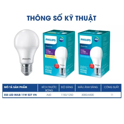 Bóng Đèn Bulb LED Philips tiết kiệm điện Essential E27 5W 7W 9W 11W 13W (vàng trắng)