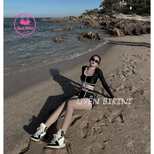 Bikini đi biển hai mảnh badblood viền trắng quần đùi cạp cao kín đáo che khuyết điểm