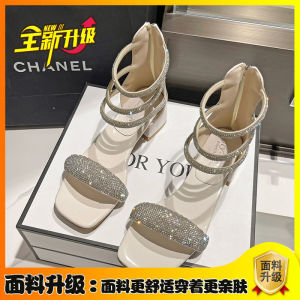 Internet Celebrity Womens Sandals for Outdoor Wear Summer Fashion New Style Mid-Heel Ankle Strap Back Zipper 3.5CM Chunky Heel Roman Womens Shoes