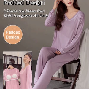 H Casual loose Vneck pajamas for women big size with chest pads