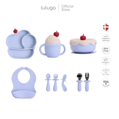 Luluga ชามซิลิโคนเด็ก จานซิลิโคนเด็ก แก้วหัดดื่มซิลิโคน Platinum Silicone สำหรับเด็ก 6 เดือน+ BLW Set 6 pieces Ice Cream