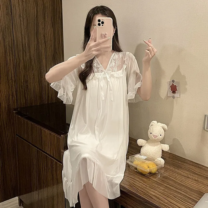 Pure white gauze to lace stitching nightgown female thin section