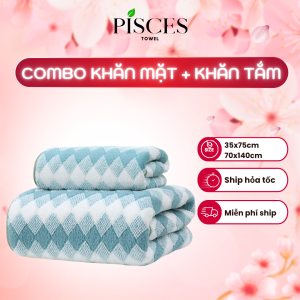 Combo Khăn Mặt Và Khăn Tắm PISCES TOWEL 35x75cm 70x140cm Caro Mềm Mại Thấm Hút Mồ HôiKhăn Yoga Gym