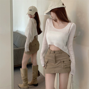 【Ready Stock】American Retro High Waist Khaki Cargo Skirt Women A-line Short Skirt Casual Mini Skirts