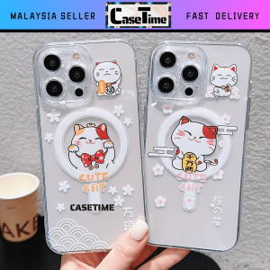 IPH 11 12 13 14 15 Pro Max Cute Cartoon Magnetic Wireless Charging Cat Transparent Soft Stand Case 手机壳