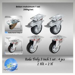 Roda troli Karet 3" inch troly kastor 1 Set 4pcs( 2 idup Rem 2 Hidup )