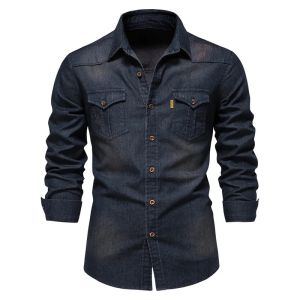 Mens Casual Solid-Color Long-Sleeve Denim Shirt a Fashionable and Versatile Breathable Cotton Coat.2026