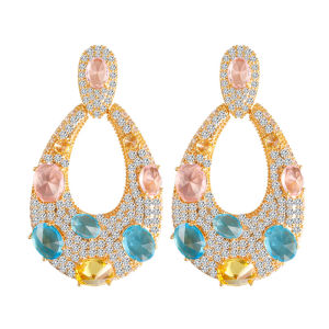 SEQUITO Luxury Women Yellow Gold Plated Jewelry Pave Setting Multicolor AAA Cubic Zircon High Quality Cookie Shape Big Long Drop Evening Party Earrings SE759