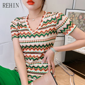 REHIN Womens T-shirt summer new fashion unique prints stripes V-neck cotton short-sleeved T-shirts All-match bottoming shirt chic tops