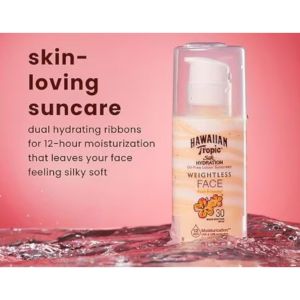 Kem Chống Nắng Cho Da Mặt Weightless Hawaiian Tropical Face SPF 30 - - Chất kem mỏng nhẹ thẩm thấu nhanh không gây nhờn rít phù hợp với da mặt. - Sản phẩm không chứa dầu không gây bít tắc lỗ chân lông thích hợp cho cả da dầu và da hỗn hợp.