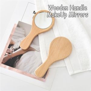 2PCS Portable Vintage Make Up Mirrors With Handle Wooden Frame Hand Mirror HD Small Round Mirror