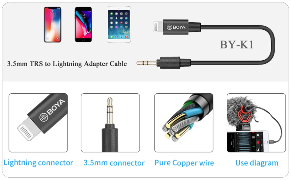 BOYA BY-K3 Female TRRS to Male Lightning Adapter Cable (6cm