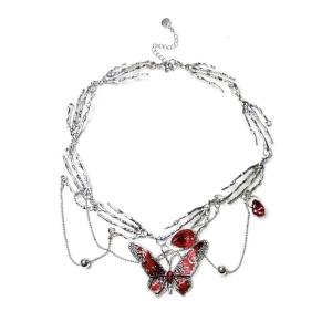 Red Enamel Butterfly Tassels Multi Layer Necklace Elegant Adjustable Length Neckchain Alloy Gift for Women