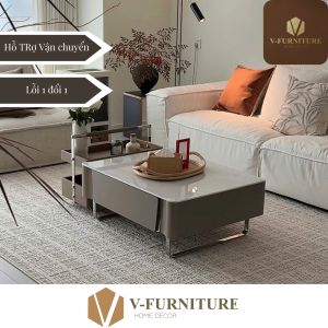 Bàn trà đôi Sofa phòng khách nhập khẩu mặt đá công nghệ thân gỗ MDF phủ sơn cao cấp đi kèm xe đẩy đựng đồ BN-08