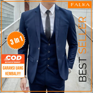 Setelan Jas Blazer 3 in 1 Warna Navy Polos Setelan Jas Pria Rompi Tuxedo dan Celana Laki Laki