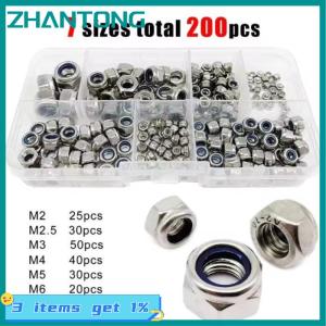 ZHANTONG 200pcs Hex Nylon Insert Self Lock Nut Nylock Locknut Assortment Kit Set M2 M2.5 M3 M4 M5 M6 M8 304 A2-70 Stainless Steel