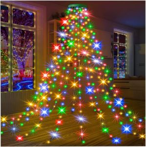 Tangle Free Christmas Tree Lights With Top Ring USB Plug LED Waterfall String Lights Remote Control Waterproof Holiday Party Wedding Bedroom Decor Multicolor Warm