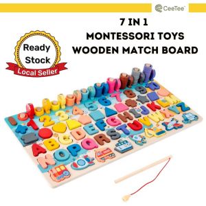 7in1 Traffic Transport Numbers Shapes Colours Montessori Wooden Toy ABC Alphabet Early Learning Big Puzzle Match Board