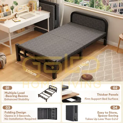 GOLD Foldable Single Bed Frame Portable Metal Bed Base Katil Bujang Lipat Besi Save Space Bedroom Furniture折叠床