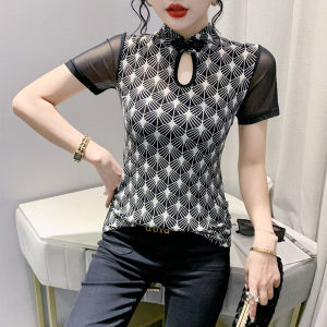 REHIN Womens top Summer new retro buckle stand collar spliced mesh short sleeve T-shirt plaid Houndstooth trend blouse