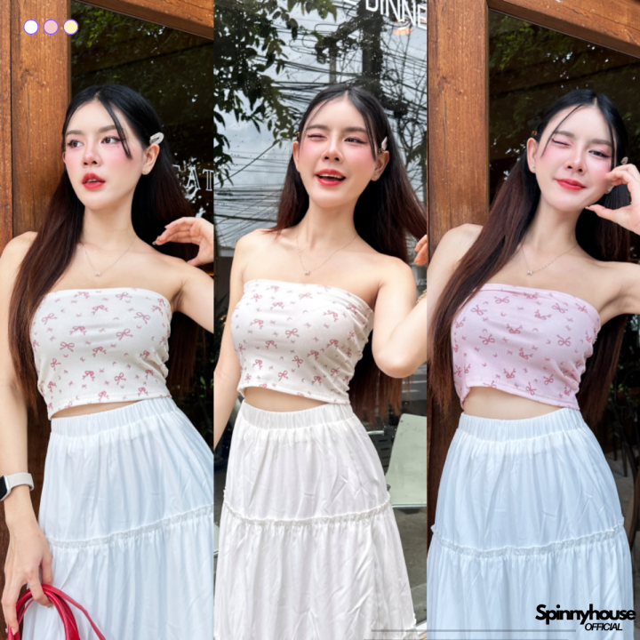 🌈SpinnyHouse🌈ครอปเกาะอก ลายโบว์น่ารัก ผ้ายืดเยอะมาก 💝 ทรงสวย เก็บทรงดี ...
