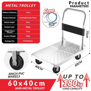 60x40CM Strong Thick Metal Trolley Foldable Heavy Duty Solid Steel with Wheel Hand Platform Troli Lipat Beroda Barang