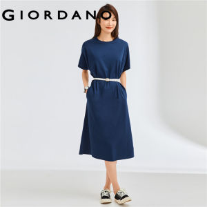 Giordano Women Solid color crewneck short sleeve loose dress Free Shipping 05463460