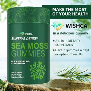 WISHCA Sea Moss Gummies: With Black Seed Oil & Ashwagandha Root Extract Supports Thyroid Health Enhances Bone Joint and Muscle Function. 60 Count