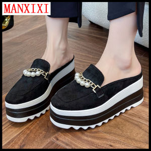 MANXIXI Fashion Women High Heels Wedge Slippers 2.75 Inches Beautiful Pearls Mules Sandals (Size 35-42)