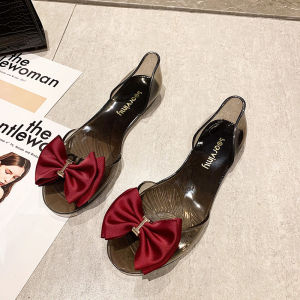 [Free Shipping] WomenS Plastic Sandals Transparent Flat-Soled Non-Slip Korean-Style Beach Shoes Seaside Vacation Metal Bow Peep-Toe Jelly Shoes