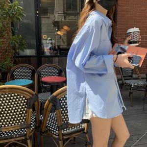 S-3XL White/Navy Ladies Loose Casual Long Sleeve Split Hem Plus Size Blouse For Women Tops