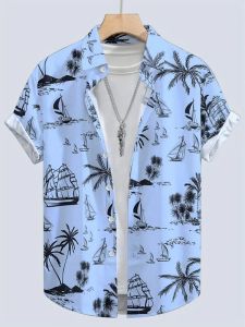 ZEEMIN  Summer Mens Shirt Coconut Tree 3d Print Casual Short Sleeve Lapel Tops Beach Casual Hawaiian Shirt Men Oversized Shirts For Men