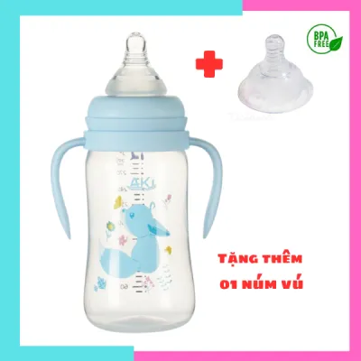Bình sữa cổ rộng cho bé bình sữa cổ rộng Aki 180ml - 240ml - 300ml với núm vú siêu mềm chống sặc chống đầy hơi không BPA (dễ dàng vô sữa)