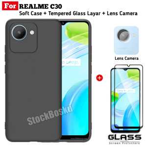 Paket Case REALME C30 Soft Case Slim Matte Black Casing FREE Tempered Glass Layar Warna Dan Tempered Glass Camera Handphone