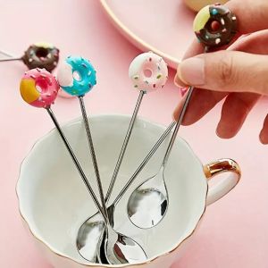 ZYJC Adorable Donut Spoon Stainless Steel Colorful Designs Coffee Spoons Durable Multi-Functional Salad Mixing Spoon Dessert Stirring