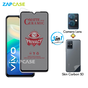 Paket 3in1 Anti Gores Layar Privasi Vivo Y55 5G Y75 5G Free Tempered Glass Camera dan Skin Carbon
