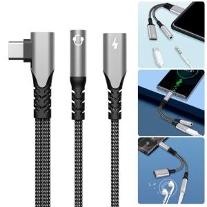 Type C to 3.5mm Headphone Sound Adapter with PD60W Fast Charging and 90° Angle for Phone Devices