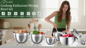 Nicdiet Mixing Bowls with Lids Set 16PCS Stainless Steel Mixing BowlsNesting Storage Bowls for Kitchen with Mixing Bowl Colander Strainer & Grater Metal Salad Bowl for Kitchen Gadgets Black