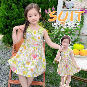 🌺👗 เดรสเด็กหญิงแขนกุดลายดอกไม้สีเขียว ซัมเมอร์ 2025 สดใสสไตล์วินเทจ 🌞