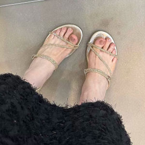 [Free Shipping] Thick-Soled Wedge Sandals For Women Fashionable Summer Outdoor Wear 2026 New Style Rhinestone Toe-Post High-Heeled Sandals